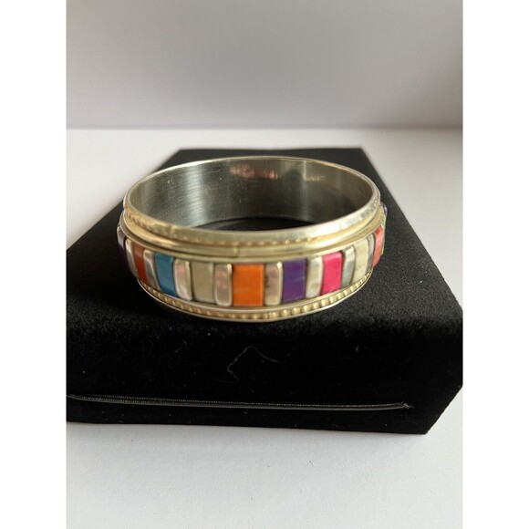 Brass Bangle Bracelet Enamel Colorful Stones 2.75" Wide - Picture 7 of 7